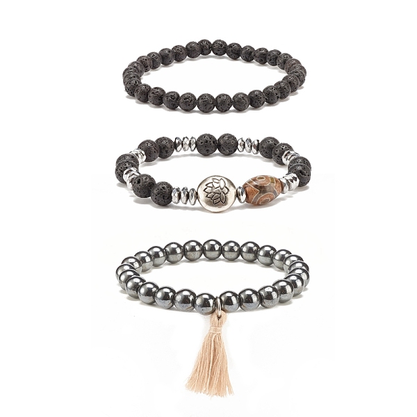 

PandaHall 3Pcs 3 Style Mala Bead Bracelets Set, Natural Lava Rock & Agate & Synthetic Hematite Stretch Bracelets with Alloy Lotus Beaded for...