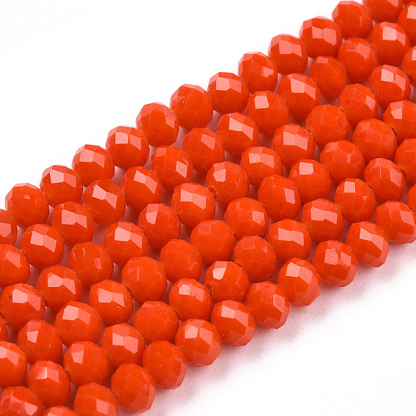 

PandaHall Opaque Solid Color Glass Beads Strands, Faceted, Rondelle, Orange Red, 3.5x3mm, Hole: 0.4mm, about 113~115pcs/strand, 32~33cm...