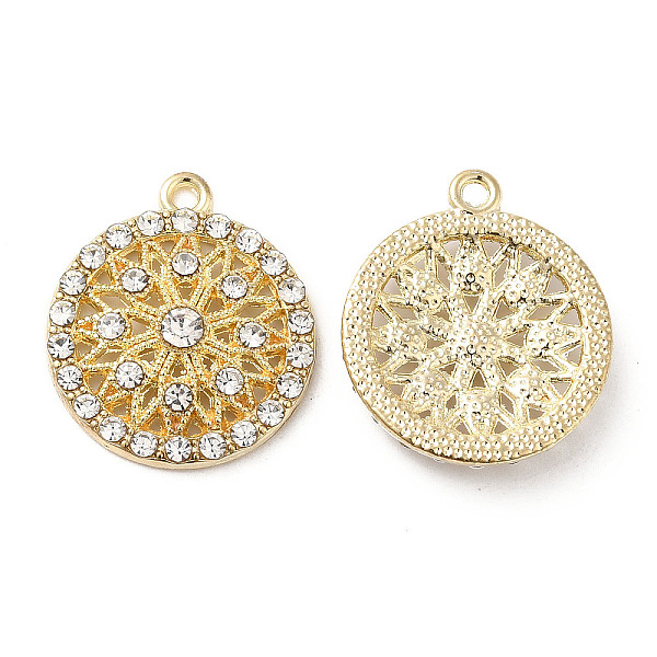 

PandaHall Alloy Pendants, with Crystal Rhinstone, Flat Round with Flower Charm, Lead Free & Cadmium Free, Light Gold, 23x19.5x4mm, Hole..., Clear