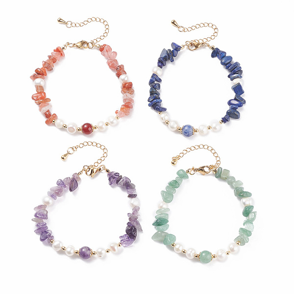 

PandaHall 4Pcs 4 Style Natural Mixed Gemstone Chip Beaded Bracelets Set with Natural Pearl for Women, Golden, 7-5/8 inch(19.5cm), 1Pc/style...