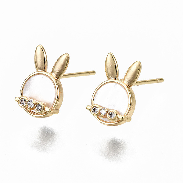 

PandaHall Brass Micro Clear Cubic Zirconia Stud Earring Findings, with Shell and Loop, Nickel Free, Rabbit Shape, Real 18K Gold Plated...