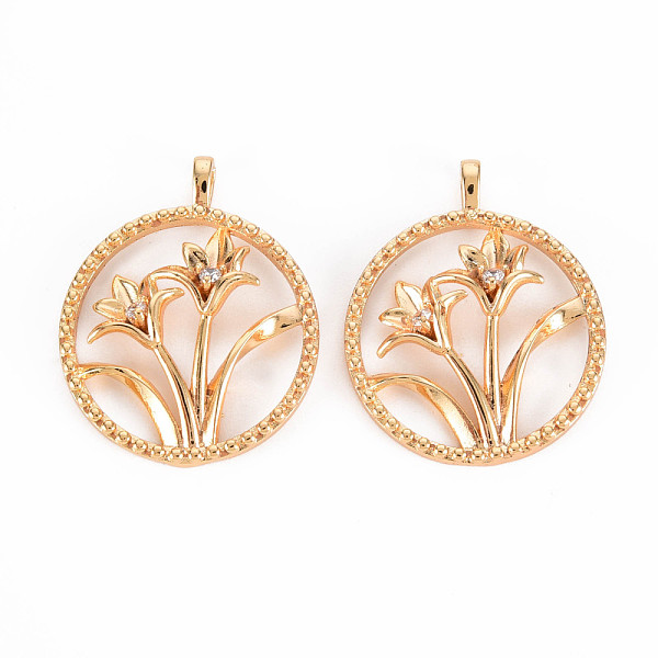 

PandaHall Brass Micro Pave Clear Cubic Zirconia Pendants, Nickel Free, Flat Round with Flower, Real 18K Gold Plated, 23x18.5x4.5mm, Hole...