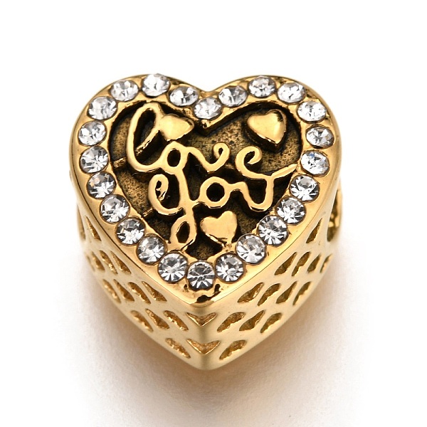 

PandaHall Ion Plating(IP) 304 Stainless Steel European Beads, Large Hole Beads, with Rhinestone, Heart with Word Love You, For Valentine's..., Pink