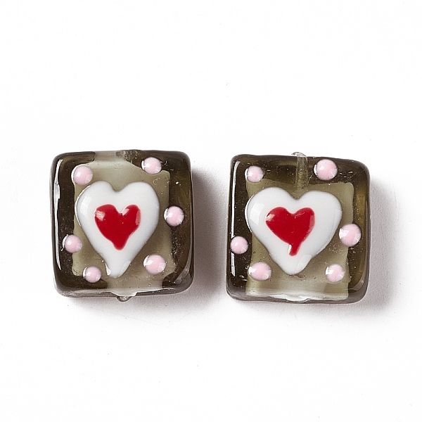PandaHall Handmade Lampwork Beads, Square with Heart Pattern, Coffee, 16x15x6mm, Hole: 1.8mm Lampwork Square Brown
