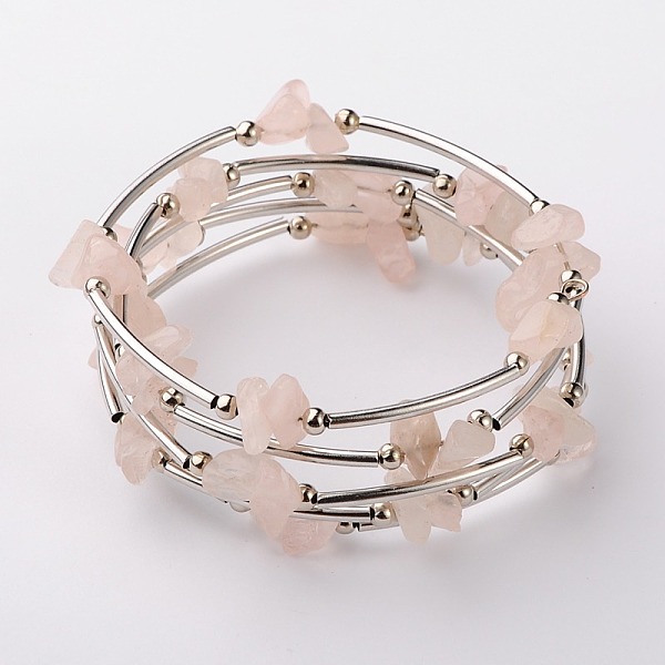 PandaHall Gemstone Chip Warp Bracelets, Steel Bracelet Memory Wire with Brass Tube Beads and Iron Round Beads, Platinum, Rose Quartz, 53mm...
