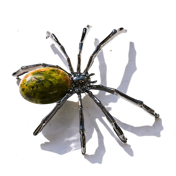 

PandaHall Natural Unakite Display Decoration, with Metal Spider Shape Holder, for Home Desktop Decoration, 48x55mm Unakite Spider