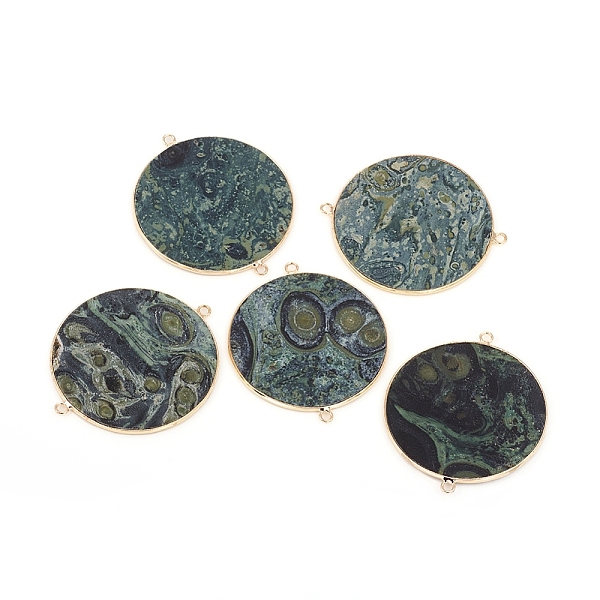 

PandaHall Natural Rhyolite Jasper Links connectors, with Golden Tone Brass Findings, Flat Round, 45~48x39~41.5x1.5~2.2mm, Hole: 1.5mm...