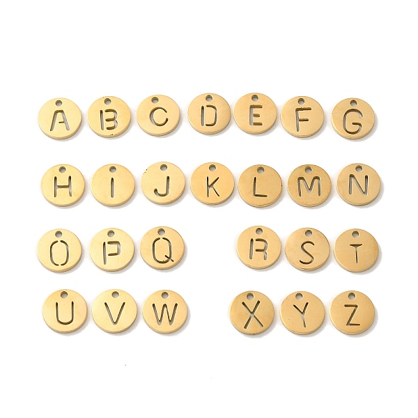 

PandaHall Ion Plating(IP) 304 Stainless Steel Charms, Golden, Flat Round with Letter Charm, Letter A~Z, 9x1mm, Hole: 1.2mm, 26pcs/set 304...