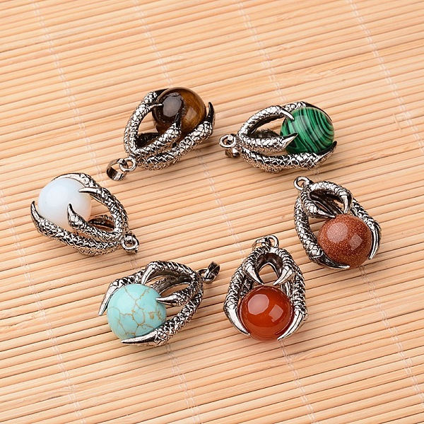 

PandaHall Natural & Synthetic Mixed Stone Pendants, with Antique Silver Plated Brass Findings, Claw with Round Ball, 34.5x23x16mm, Hole...