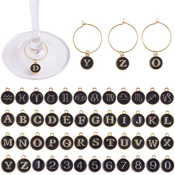 PandaHall DIY Wine Glass Charms Making Kits, Including Brass Wine Glass Charm Rings, Number & Alphabet & Constellation Alloy Enamel Pendants...