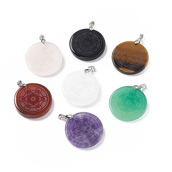 

PandaHall Natural Mixed Gemstone Pendants, Flat Round Charms with Chakra Theme Pattern, with Rack Plating Platinum Tone Brass Findings...