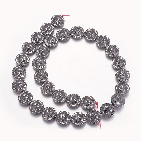 PandaHall Non-magnetic Synthetic Hematite Beads Strands, Flat Round with Lion Head, Original Color, 13x4mm, Hole: 0.8mm, about 31pcs/strand...