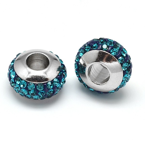 

PandaHall Rondelle 304 Stainless Steel Polymer Clay Rhinestone European Beads, with Double Side Platinum Color Core, Stainless Steel Color..., Blue