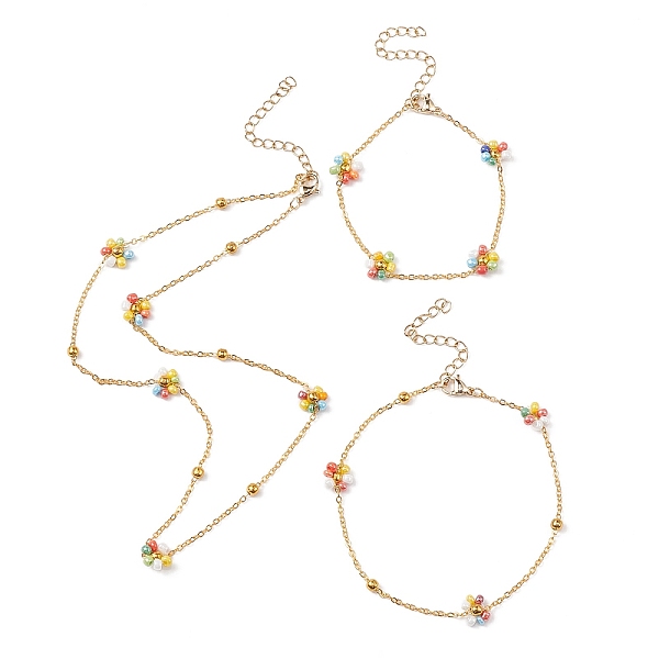 

PandaHall Colorful Glass Seed Beaded Flower Link Chain Bracelets & Necklaces & Anklet, Ion Plating(IP) Brass Jewelry Set, Golden, 6-5/8 inch..., Multicolor