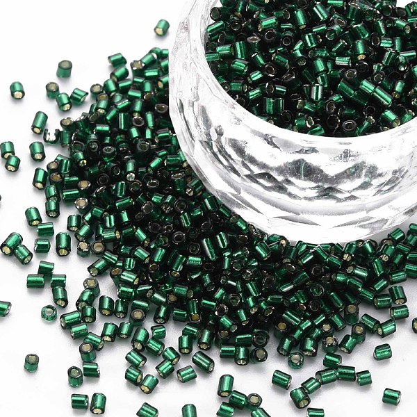 

PandaHall Glass Bugle Beads, Silver Lined, Dark Green, 1.8~2.2x1.8~2mm, Hole: 0.8~0.9mm, about 15000pcs/pound Glass