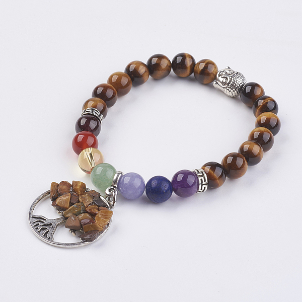 

PandaHall Chakra Jewelry Natural Gemstone Beads and Tiger Eye Charm Bracelet, with Tibetan Style Beads, Flat Round with Tree of Life, 2 inch...