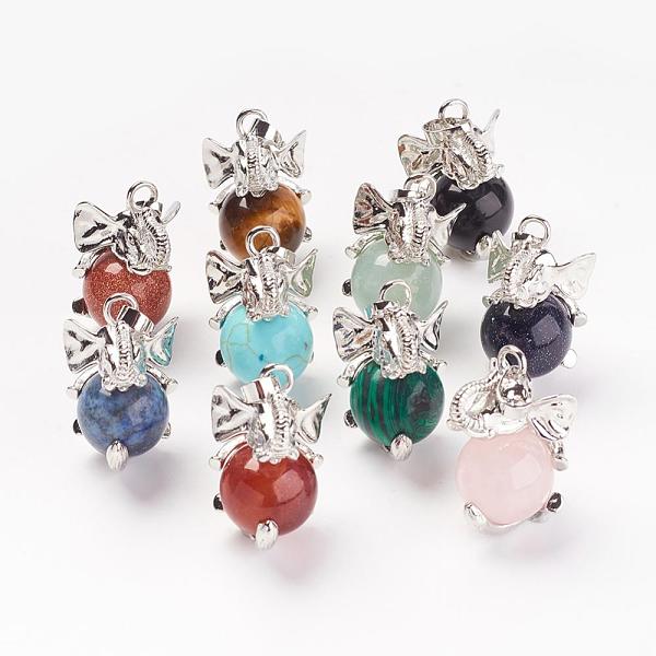 

PandaHall Natural & Synthetic Mixed Stone Pendants, with Brass Findings, Elephant, Platinum, 31x19x23mm, Hole: 5x8mm Mixed Stone Elephant