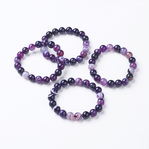 

PandaHall Natural Striped Agate/Banded Agate Beaded Stretch Bracelets, Dyed, Round, Indigo, 2-1/8 inch(53mm) Natural Agate Purple