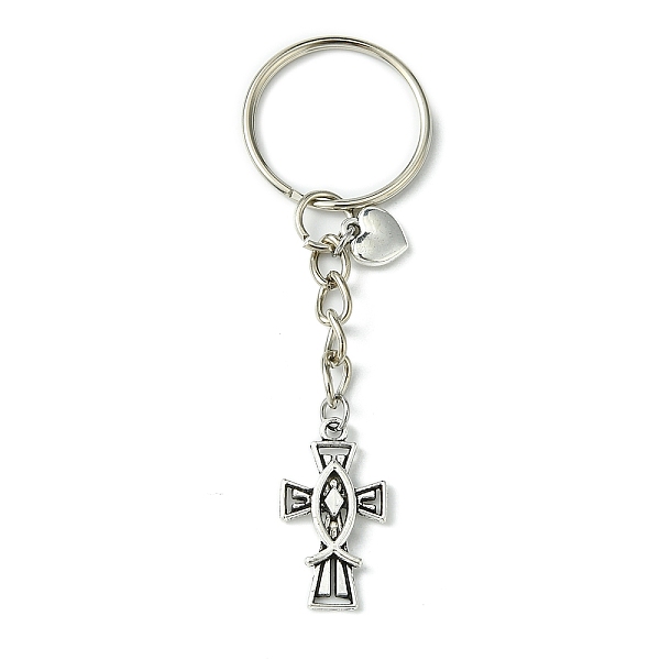 

PandaHall Alloy Cross with Jesus Fish & Heart Pendant Keychain, with Iron Split Key Rings, Antique Silver, 7.9cm Alloy Cross