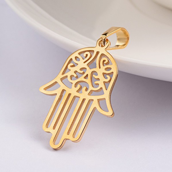 

PandaHall Hamsa Hand/Hand of Fatima/Hand of Miriam Ion Plating(IP) 304 Stainless Steel Pendants, Golden, 30.5x21.5x1mm, Hole: 4x6mm 304...