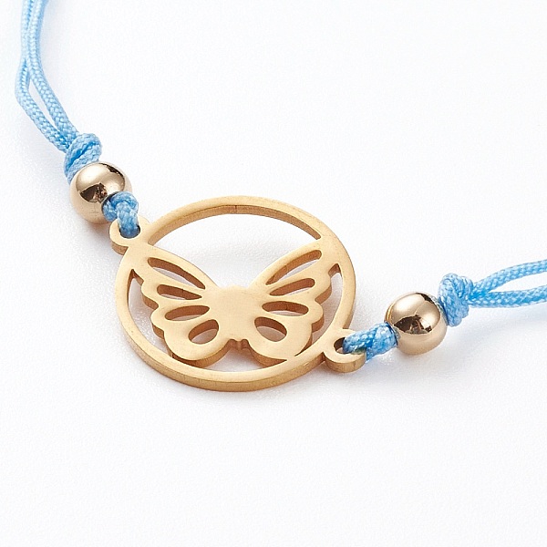 

PandaHall Adjustable Nylon Cord Braided Bead Bracelet, with 201 Stainless Steel Links and Brass Beads, Ring with Butterfly, Golden, Light...