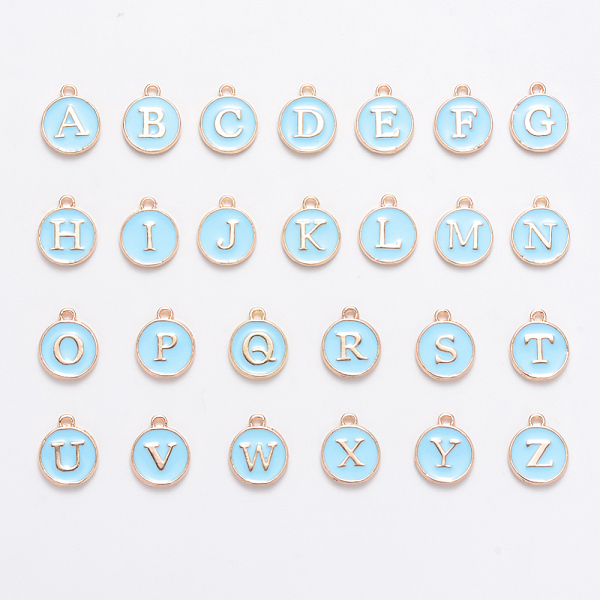 

PandaHall Initial Letter A~Z Alphabet Enamel Charms, Flat Round Disc Double Sided Charms, Light Sky Blue, 14x12x2mm, Hole: 1.5mm, 26pcs/set...