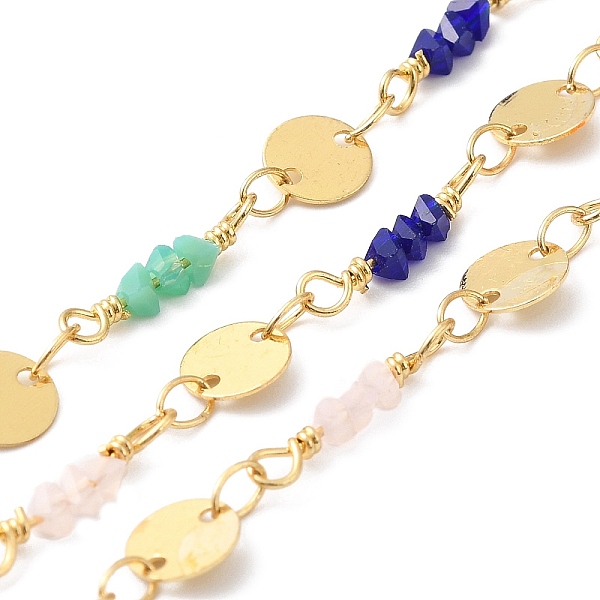 

PandaHall Handmade Brass Flat Round Link Chains, Glass Beaded Chains, Real 18K Gold Plated, Soldered, with Spool, Cadmium Free & Lead Free..., Multicolor