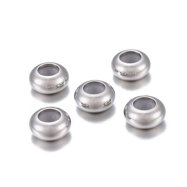 

PandaHall 202 Stainless Steel Beads, with Rubber Inside, Slider Beads, Stopper Beads, Rondelle, Stainless Steel Color, 7x3.5mm, Hole: 2.5mm...