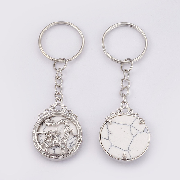 

PandaHall Natural Howlite Keychain, with Iron Key Rings, Flat Round with Dragon, Platinum, 80mm, Pendant: 34.5x26x8.5mm Howlite Flat Round
