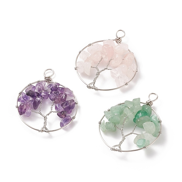 

PandaHall Natural Mixed Stone Chip Pendants, with Platinum Tone Eco-Friendly Copper Wire Wrapped, Round Ring Charm with Tree of Life...