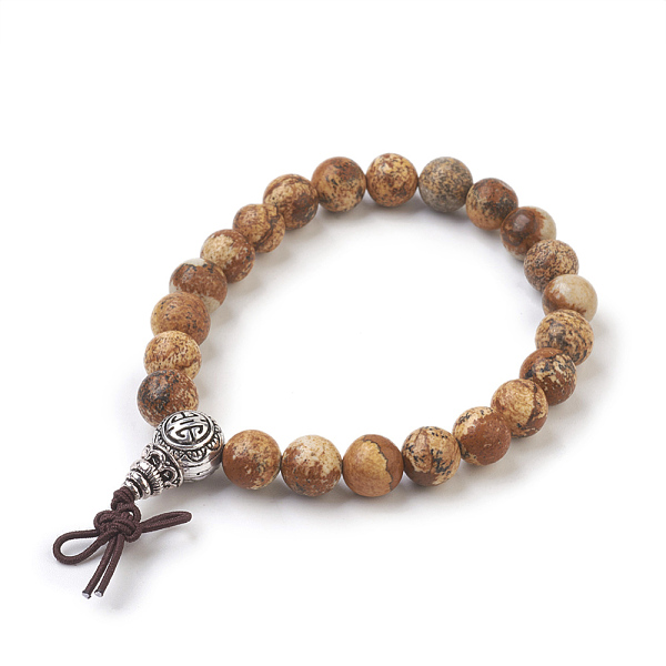 PandaHall Natural Round Picture Jasper Stretch Bracelets, with Alloy Guru Bead Sets, Burlap Packing, Antique Silver, 2-1/8 inch(5.5cm), Bag...