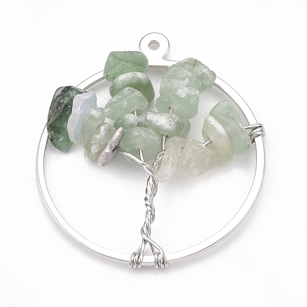 

PandaHall Brass Wire Wrapped Pendants, with Natural Green Aventurine Chip Beads, Ring with Tree, Platinum, 35x30x5~10mm, Hole: 1mm Green...
