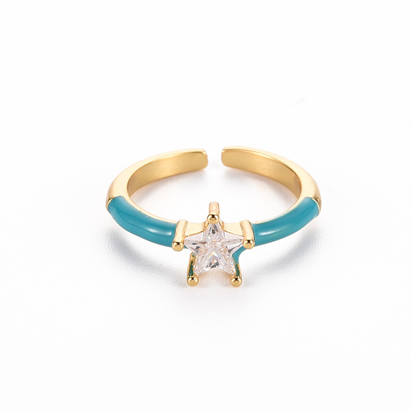 

PandaHall Brass Enamel Cuff Rings, Open Rings, Solitaire Rings, with Clear Cubic Zirconia, Nickel Free, Star, Golden, Dark Cyan, US Size 7...