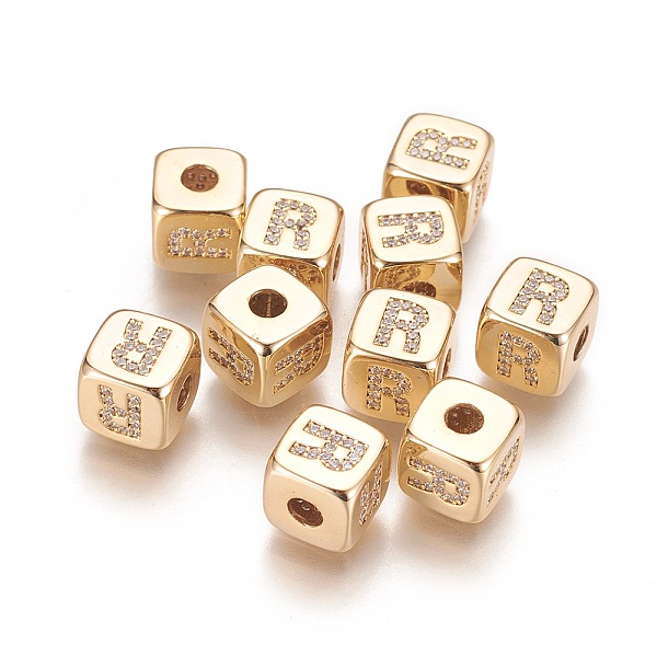 

PandaHall Brass Micro Pave Cubic Zirconia Beads, Horizontal Hole, Real 18K Gold Plated, Long-Lasting Plated, Cube with Letter, Clear...