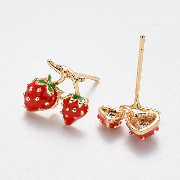 

PandaHall Brass Enamel Ear Studs, with Stainless Steel Pins, Nickel Free, Strawberry, Real 18K Gold Plated, 9.5x11mm, Pin: 0.8mm Brass Red