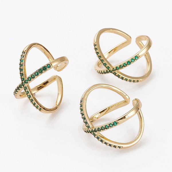 

PandaHall Brass Micro Pave Cubic Zirconia Cuff Rings, Open Rings, Criss Cross Rings, Double Rings, X Rings, Long-Lasting Plated, Golden..., Green