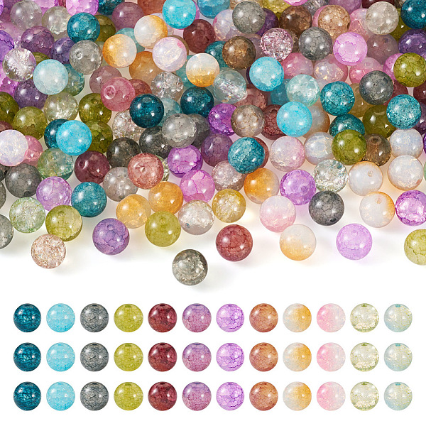 

PandaHall 240Pcs 12 Colors Crackle Glass Beads, Round, Mixed Color, 10x9mm, Hole: 1.2mm, 20Pcs/color Glass Round Multicolor