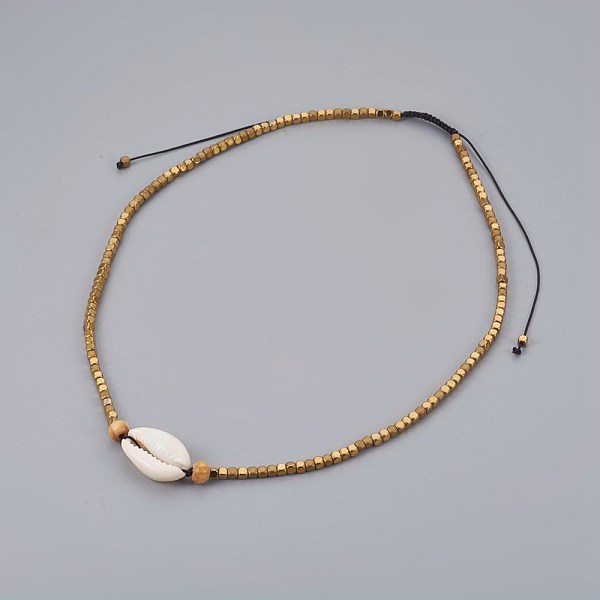

PandaHall Adjustable Electroplate Non-magnetic Hematite Beaded Necklaces, with Cowrie Shell and Wood Beads, Nylon Cord, Gold, 17.7~25.6 inch...