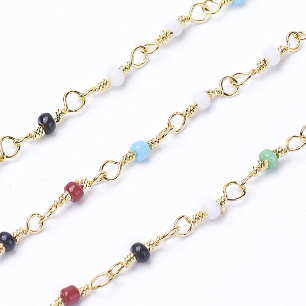 

PandaHall 3.28 Feet Handmade Colorful Glass Beaded Chains, with Brass Findings, Long-Lasting Plated, Unwelded, Golden, 9x2mm, Beads: 2x1.5mm...