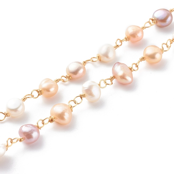 

PandaHall Handmade Cultured Freshwater Pearl Beaded Chains, with Copper Wire, Soldered, Real 18K Gold Plated, 6~10x7~9x4~7mm, 39.37 inch...