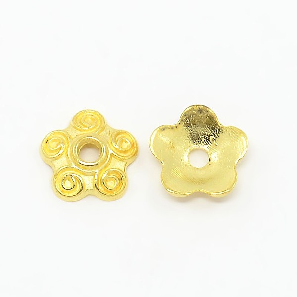

PandaHall Tibetan Style Alloy Bead Caps, Flower, 5-Petal, Golden, Lead Free & Cadmium Free & Nickel Free, 10x3mm, Hole: 2mm Alloy