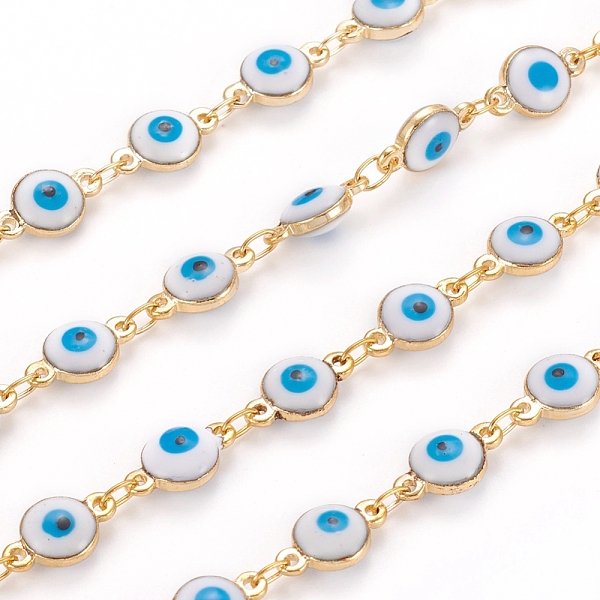 

PandaHall Handmade Brass Link Chains, with Enamel and Spool, Soldered, Long-Lasting Plated, Real 18K Gold Plated Flat Round with Evil Eye..., Blue