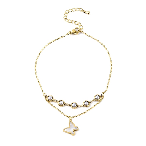 

PandaHall Ion Plating(IP) 304 Stainless Steel & Synthetic Shell Ring Bracelets, Cabel Chain Bracelets with Rings, Golden, Butterfly, 6-3/4..., White