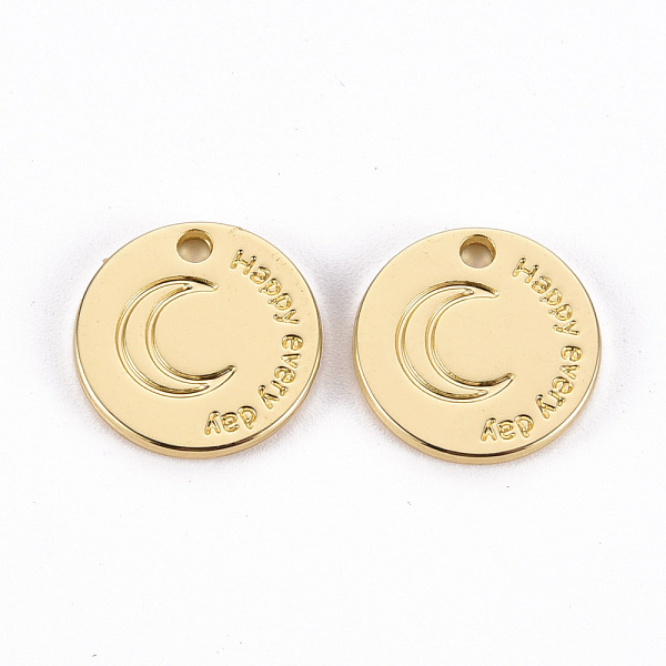 

PandaHall Rack Plating Alloy Charms, Cadmium Free & Lead Free, Flat Round with Moon and Star, Carved Word Happy Every Day, Light Gold...