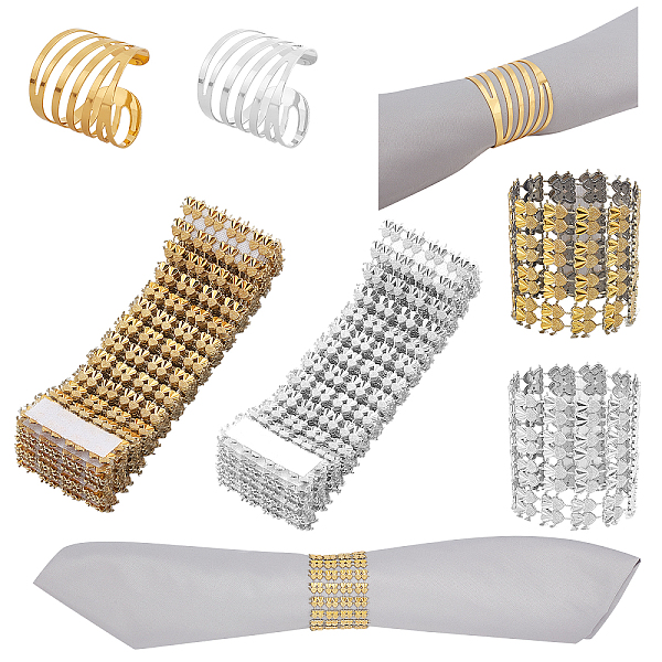 24Pcs 4 Style Alloy Napkin Rings and Plastic Rhinestone with Polyester Napkin Holder Adornment
