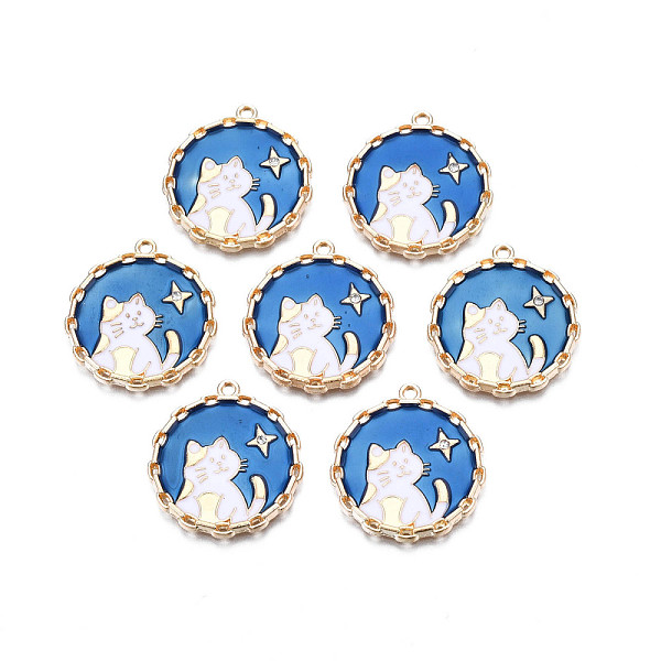 

PandaHall Alloy Enamel Pendants, with Crystal Rhinestone, Cadmium Free & Nickel Free & Lead Free, Light Gold, Flat Round with Cat & Star...