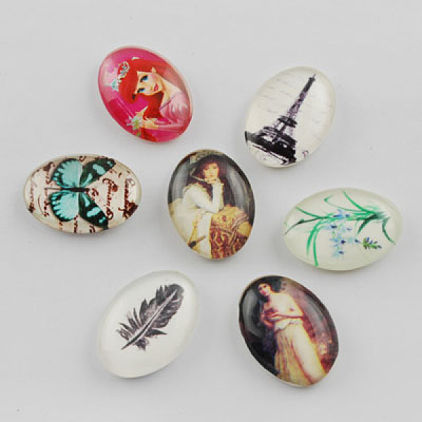 

PandaHall Glass Cabochons, Oval with Mixed Pattern, Mixed Color, 25x18x5.5~7.5mm Glass Oval Multicolor