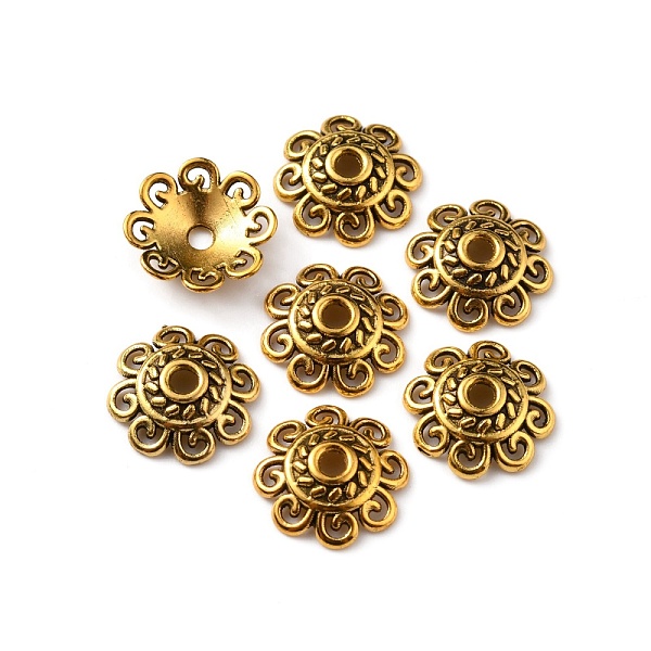 

PandaHall Tibetan Style Alloy Bead Caps, Multi-Petal, Flower, Antique Golden, 12x3mm, Hole: 2mm Alloy