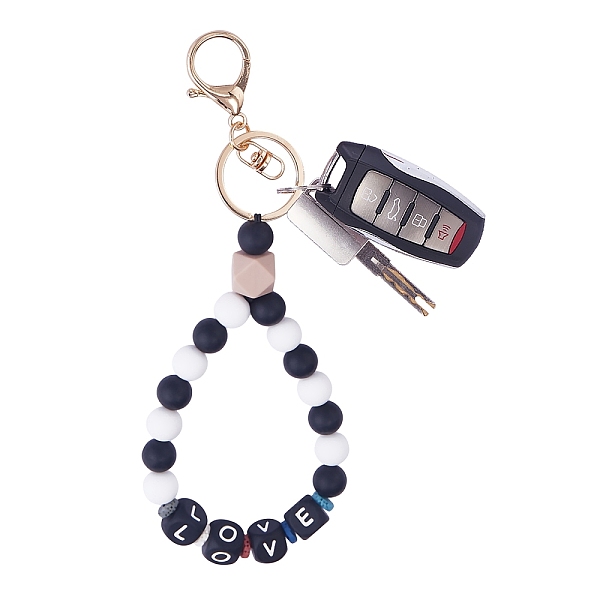 

PandaHall Silicone Round Beaded Keychain Wristlet, Letter Love Natural Lava Rock Beads Keychain, with Alloy Keychain Clasps Finding, Black...