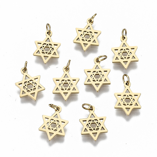 

PandaHall 304 Stainless Steel Pendants, Laser Cut, with Jump Rings, Star of David, Real 14K Gold Plated, 11x8x1mm, Jump Ring: 3.5x0.5mm...